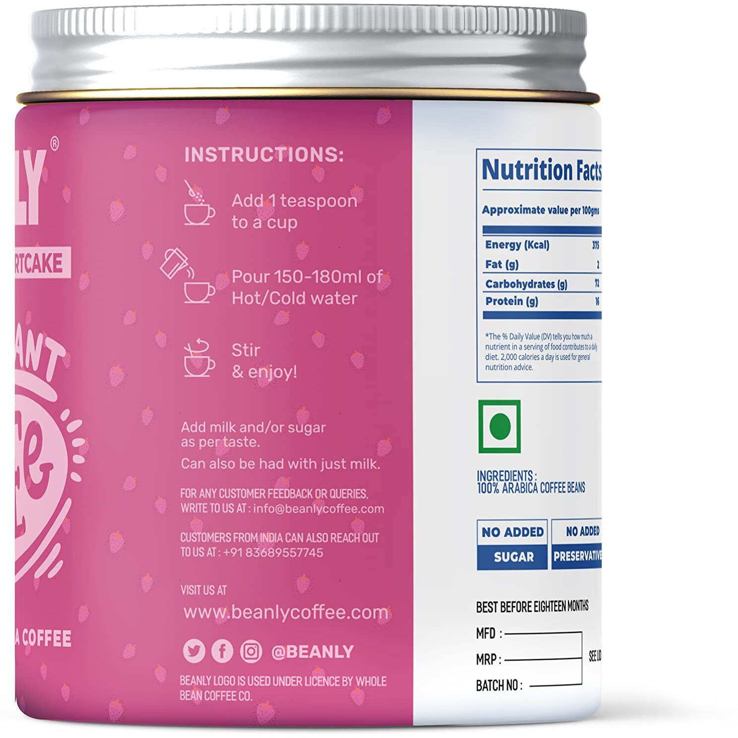 Beanly Instant Coffee Powder (Strawberry Shortcake Flavour) - 50 gm, Freeze Dried Arabica Coffee, Hot & Cold Coffee, Dark Roast Strong Coffee, Espresso, Latte, Cappuccino
