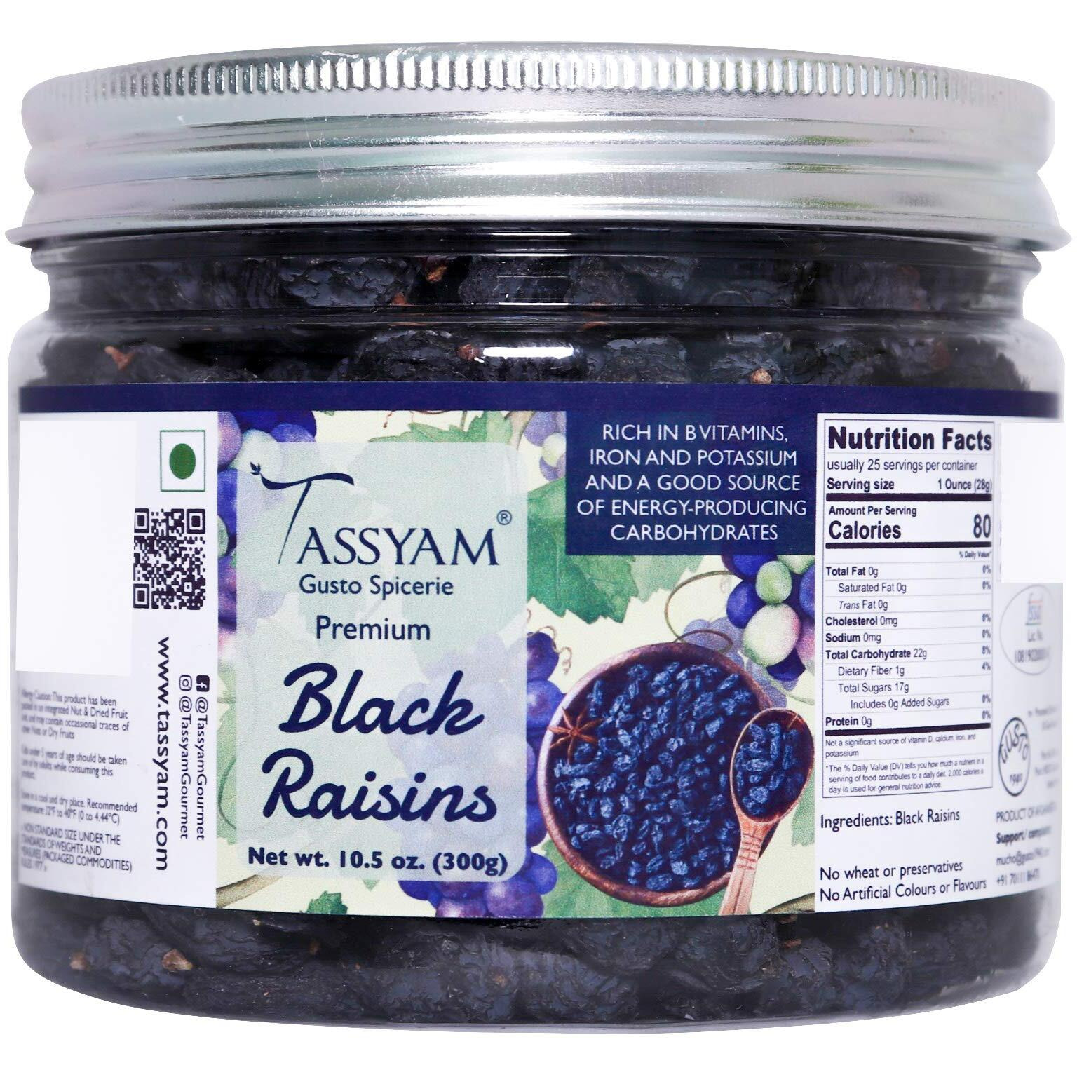 TASSYAM Premium Hand Picked Black Raisins 300Gm Jar | Healthy Natural Dry Fruits Luxury Pack Of Kali Draksh Kishmish