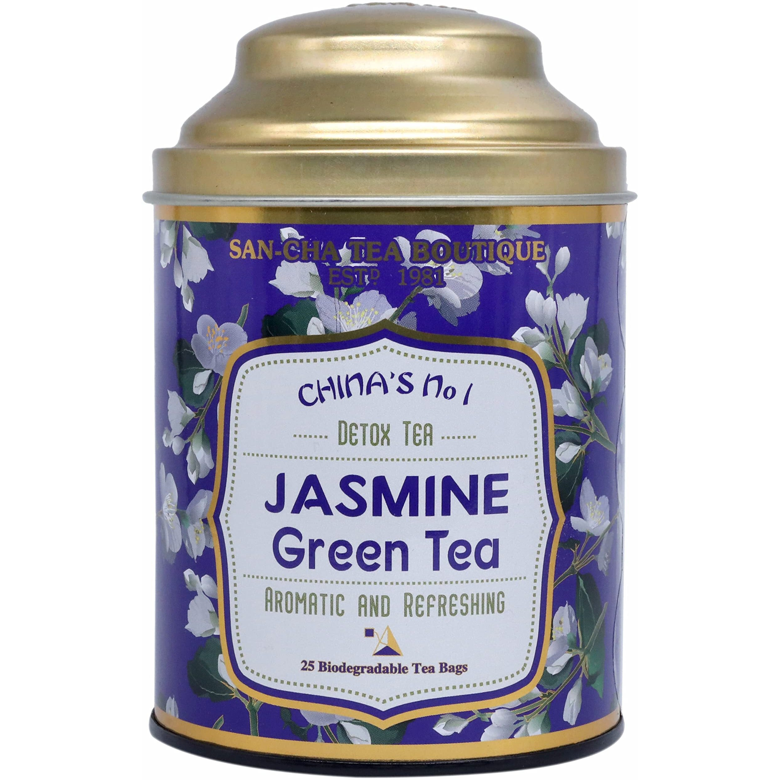SAN-CHA Tea Boutique, Jasmine Green Tea Bags, 25 Pyramid Tea Bags, Calming Tea & Digestive Tea, Imported Chinese Tea, Rare Night Blooming Jasmine Flower Blend, Real Jasmine Tea, 250 Gram