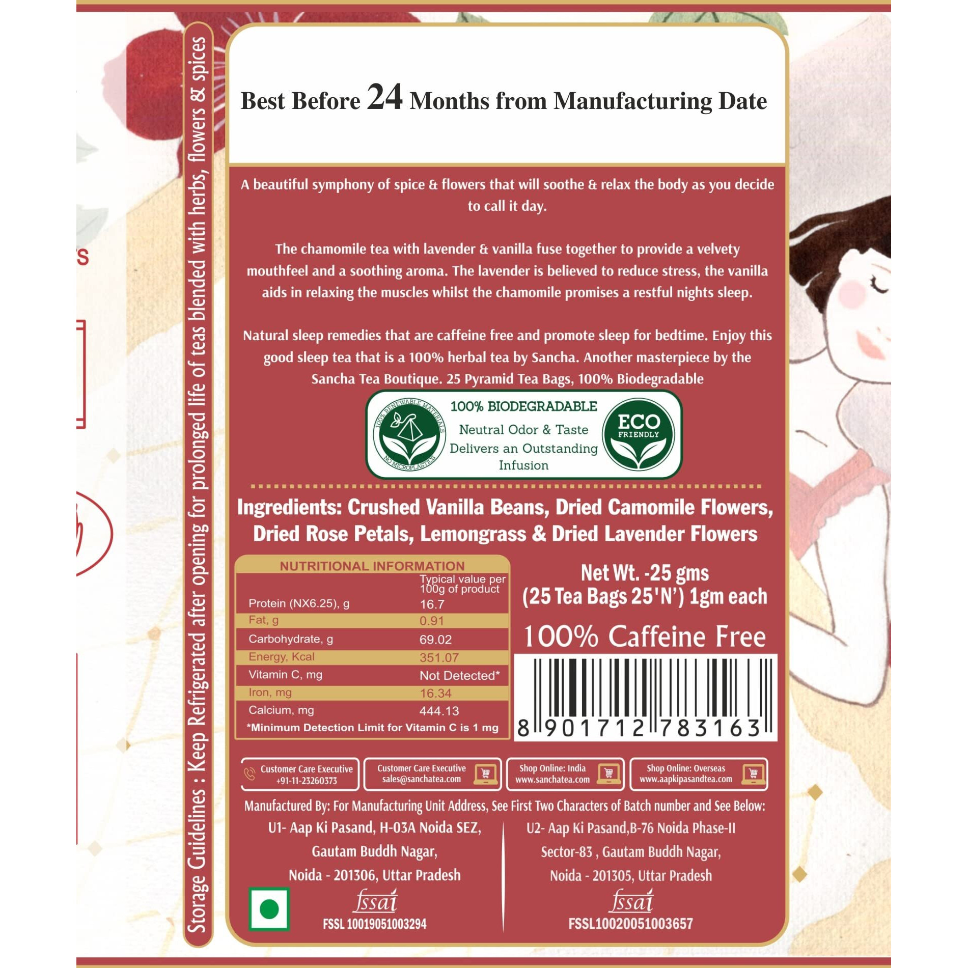 SAN-CHA Tea Boutique, Sleeping Beauty Tea, Sleep Tea, Bedtime Tea, Caffeine Free Herbal Tea, 25 Pyramid Tea Bags, Real Vanilla, Lavender Flowers, 25 Gram
