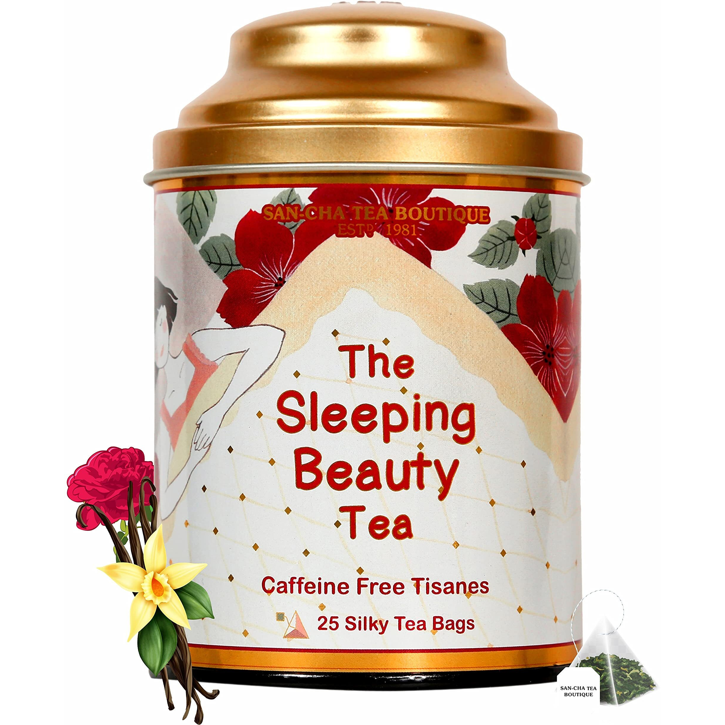 SAN-CHA Tea Boutique, Sleeping Beauty Tea, Sleep Tea, Bedtime Tea, Caffeine Free Herbal Tea, 25 Pyramid Tea Bags, Real Vanilla, Lavender Flowers, 25 Gram
