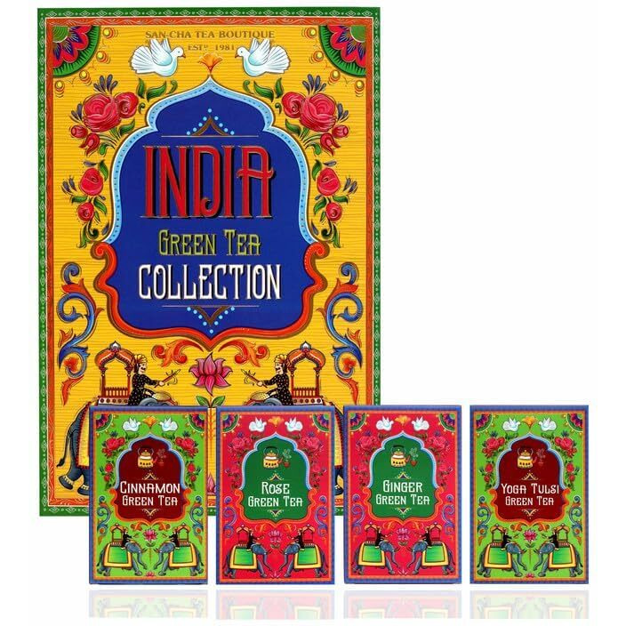 Sancha Tea Boutique India Green Tea Collection, Tea Gift Box, Tea Assortment, Cinnamon, Rose, Ginger, Yoga Tulsi Green Tea, 200gm Loose Leaf Teas