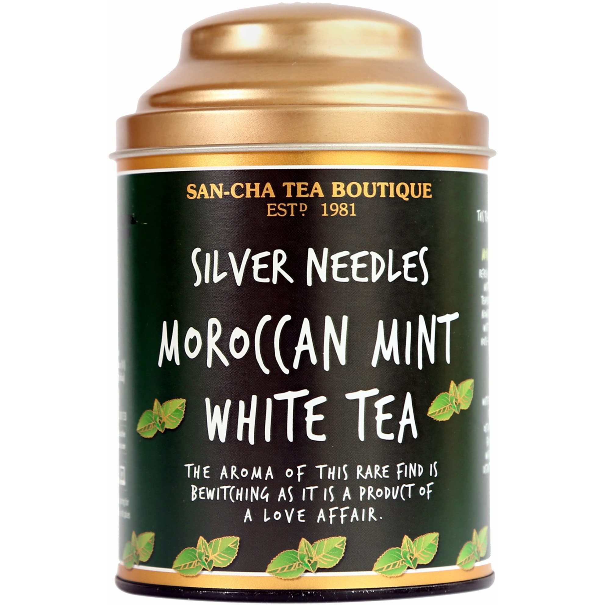 SAN-CHA Tea Boutique Moroccan Mint White Tea, Richest In Antioxidants, Pure Tea Buds (75 Cups+), Real Spearmint Tea, Silver Needles White Tea, Herbal Tea For Pcos & Pcod, Low Caffeine Tea, 150 Grams