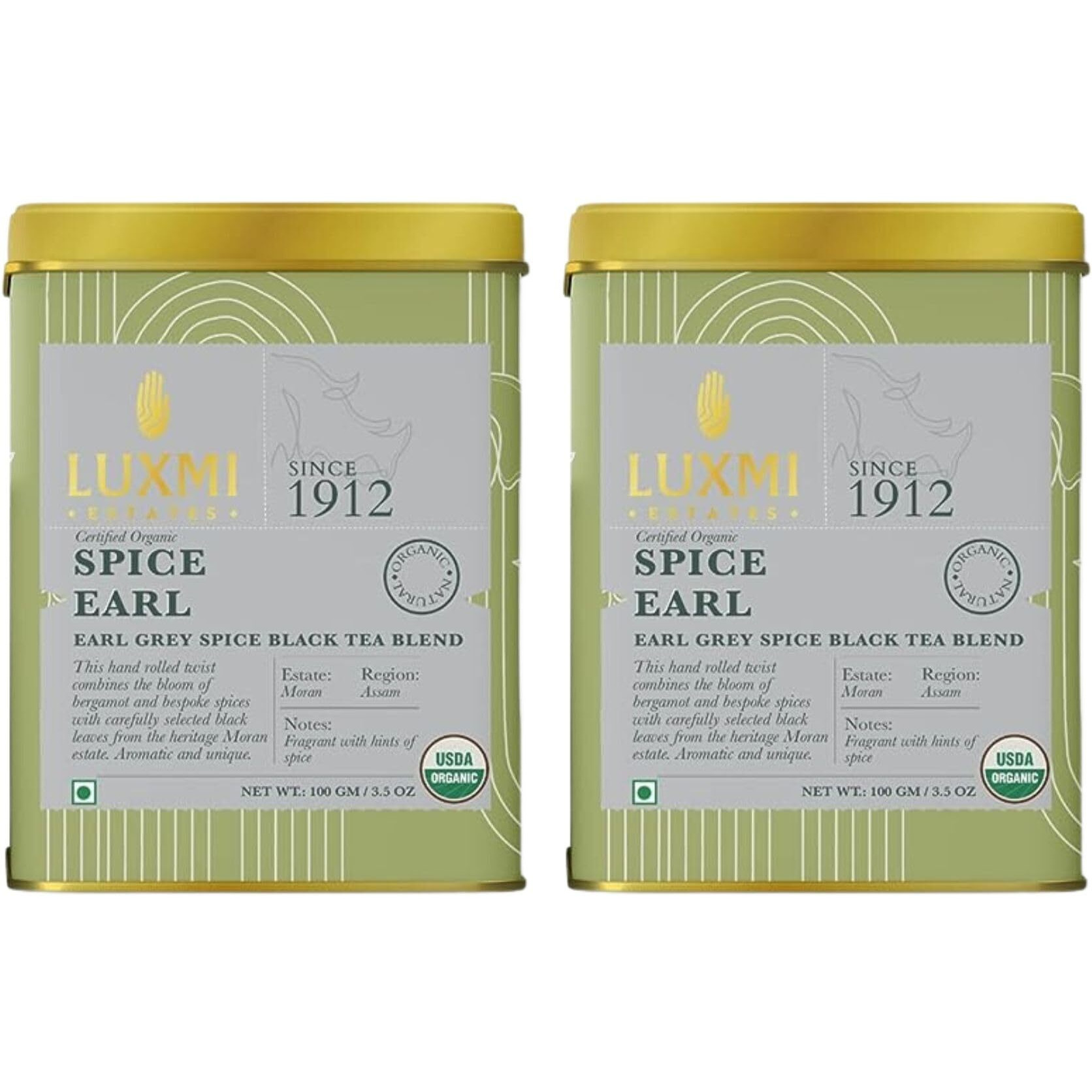 LUXMI Estates Spiced Earl Grey Tea 100Gm Tin (Pack Of 2) | Earl Grey Spice Black Tea Blend | Usda Certified Organic | Cinnamon, Cardamom, Cloves, Black Pepper Loose Leaves