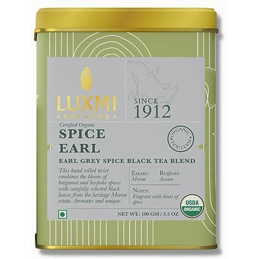 LUXMI Estates Spiced Earl Grey Tea 100Gm Tin (Pack Of 2) | Earl Grey Spice Black Tea Blend | Usda Certified Organic | Cinnamon, Cardamom, Cloves, Black Pepper Loose Leaves