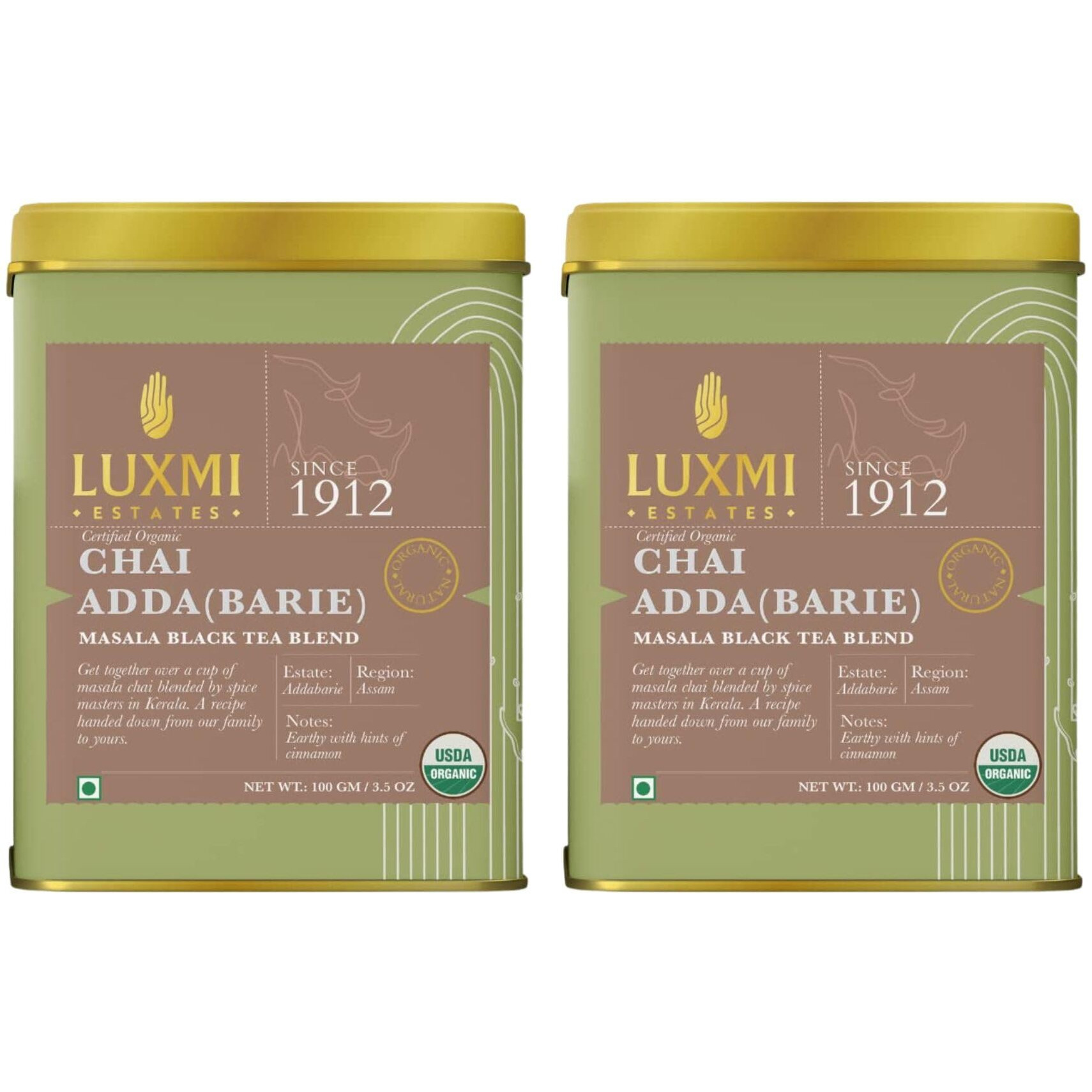 Luxmi Estates Chai Adda-Barie 100gm Pack of 2 Tin | Masala Chai | USDA Certified Organic Black Tea | Masala Black Tea Blend | Cinnamon | Caffineted | Herbal