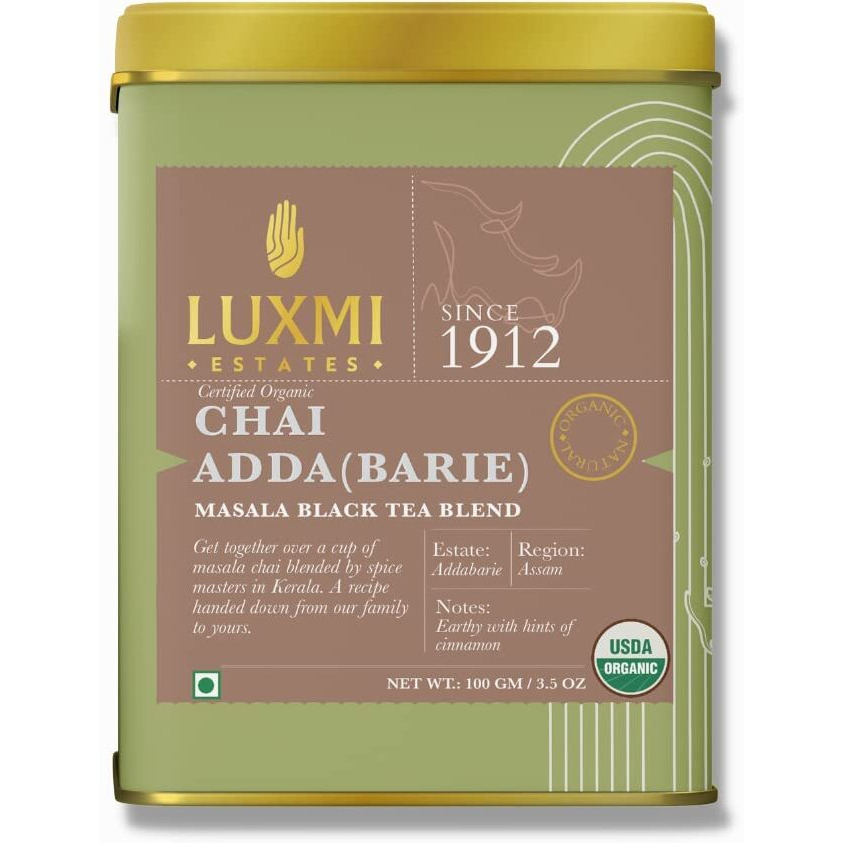 Luxmi Estates Chai Adda-Barie 100gm Pack of 2 Tin | Masala Chai | USDA Certified Organic Black Tea | Masala Black Tea Blend | Cinnamon | Caffineted | Herbal