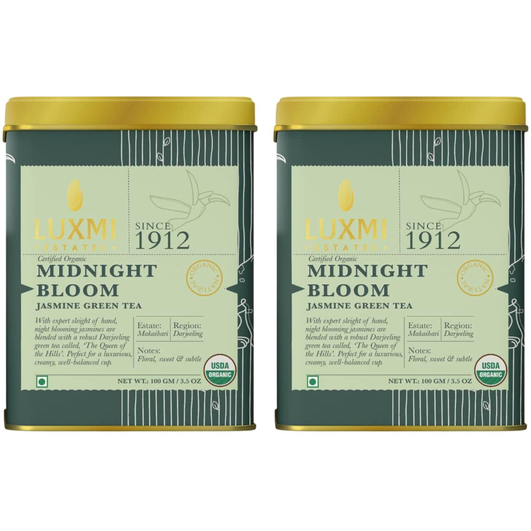 Luxmi Estates Midnight Bloom Jasmine Green Loose Leaf Tea 100gm Pack Of 2 | Certified USDA Organic Green Tea | With Organic Jasmine Buds | Darjeeling Green Tea| 100 Cups