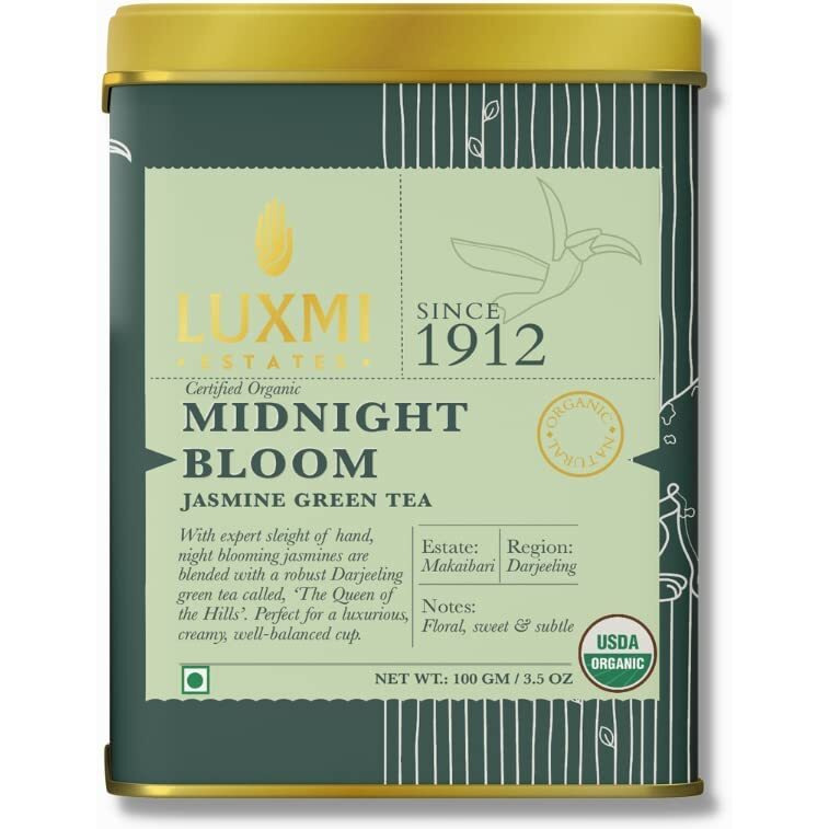Luxmi Estates Midnight Bloom Jasmine Green Loose Leaf Tea 100gm Pack Of 2 | Certified USDA Organic Green Tea | With Organic Jasmine Buds | Darjeeling Green Tea| 100 Cups