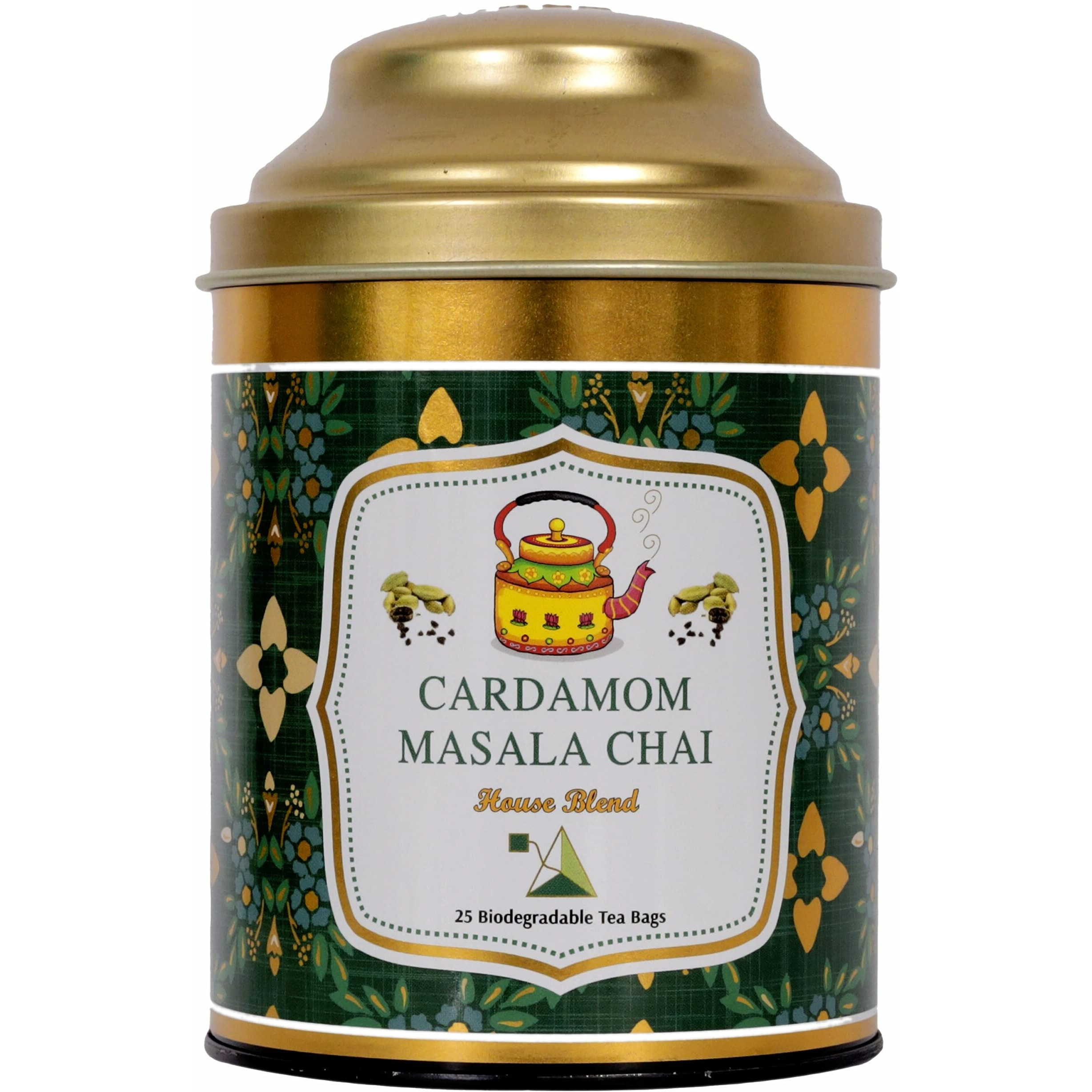 SAN-CHA Tea Boutique, Cardamom Chai Tea, All Natural Ingredients, Elaichi Chai, 25 Pyramid Tea Bags, Premium Assam Tea Blend, 180 Gram