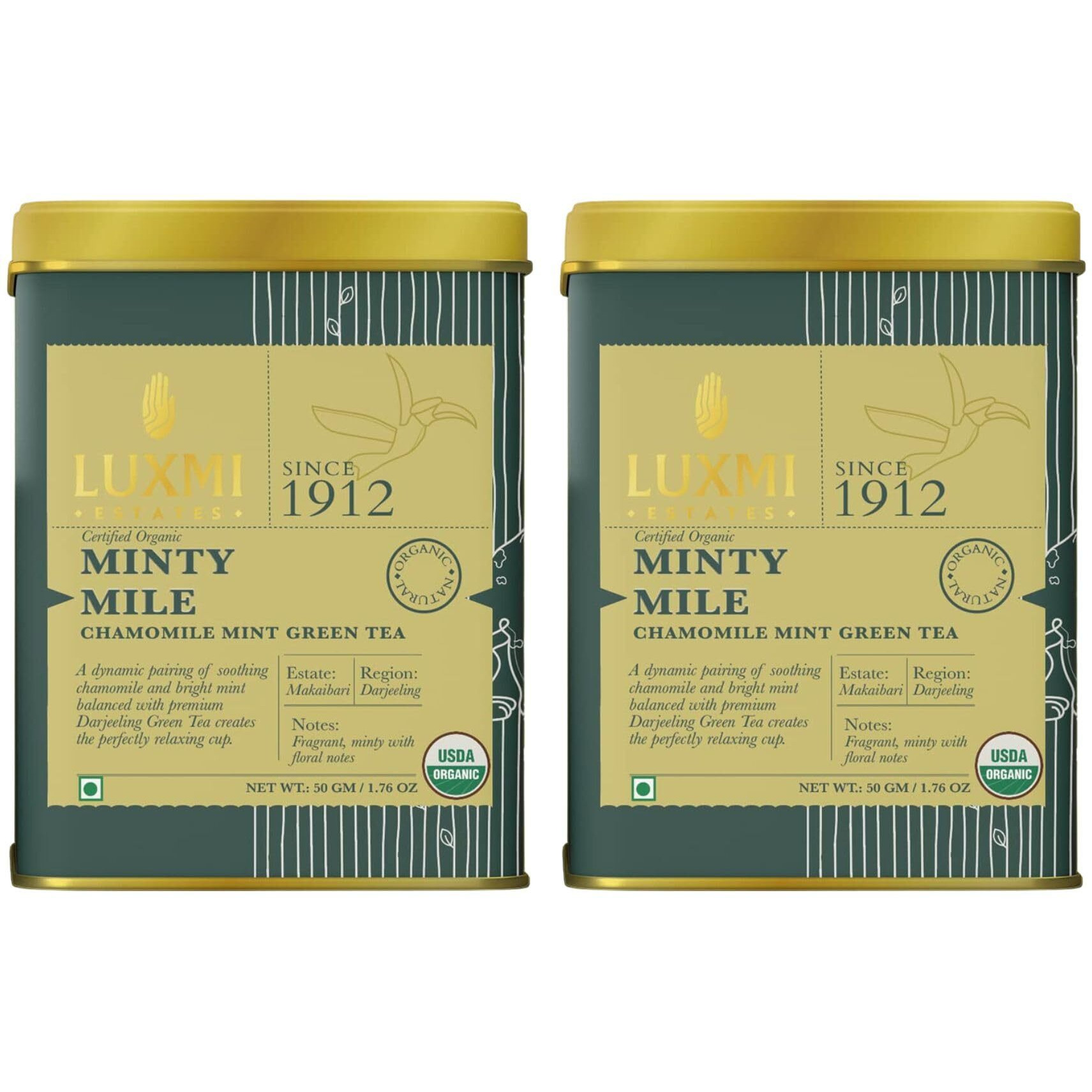 Luxmi Estates Minty Mile Chamomile Mint Green Tea 50gm Tin (Pack of 2) | USDA Certified Organic Green Tea | Low Caffeine Chamomile Tea | Mint Tea Bags Best for Night Time | Lemongrass, Spearmint