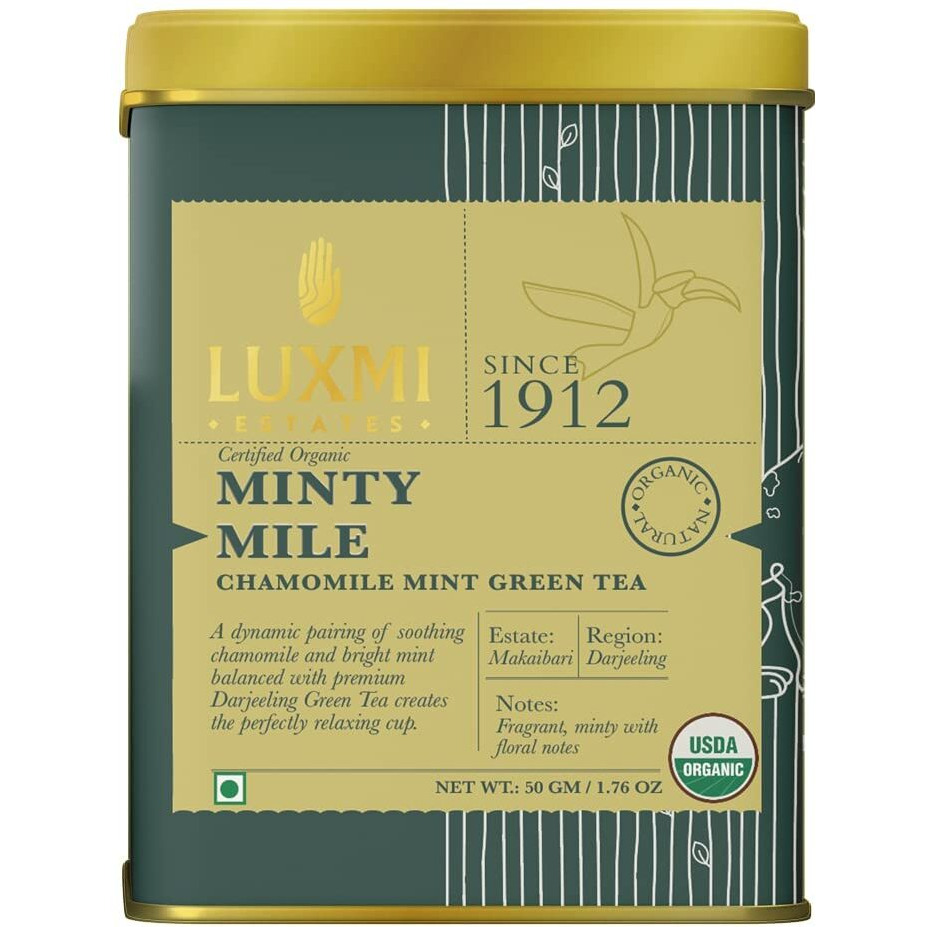 Luxmi Estates Minty Mile Chamomile Mint Green Tea 50gm Tin (Pack of 2) | USDA Certified Organic Green Tea | Low Caffeine Chamomile Tea | Mint Tea Bags Best for Night Time | Lemongrass, Spearmint