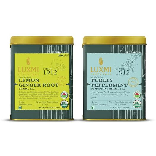 LUXMI Estates Purely Peppermint 25Gm & Lemon Ginger Root - 50Gm Tin Loose Leaves | Mint Tea Best For Night Time | Lemon Peel, Ginger, Lemongrass, Licorice - Calming, Supports Digestion