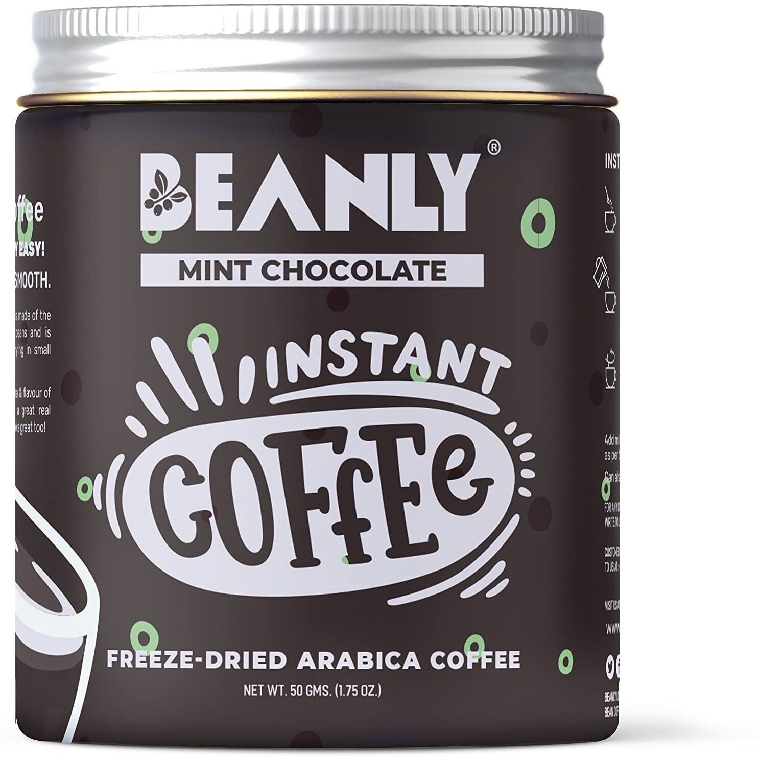Beanly Instant Coffee Powder (Mint Chocolate Flavour) - 50 Gm, Freeze Dried Arabica Coffee, Hot & Cold Coffee, Dark Roast Strong Coffee, Espresso, Latte, Cappuccino, Glass Bottle