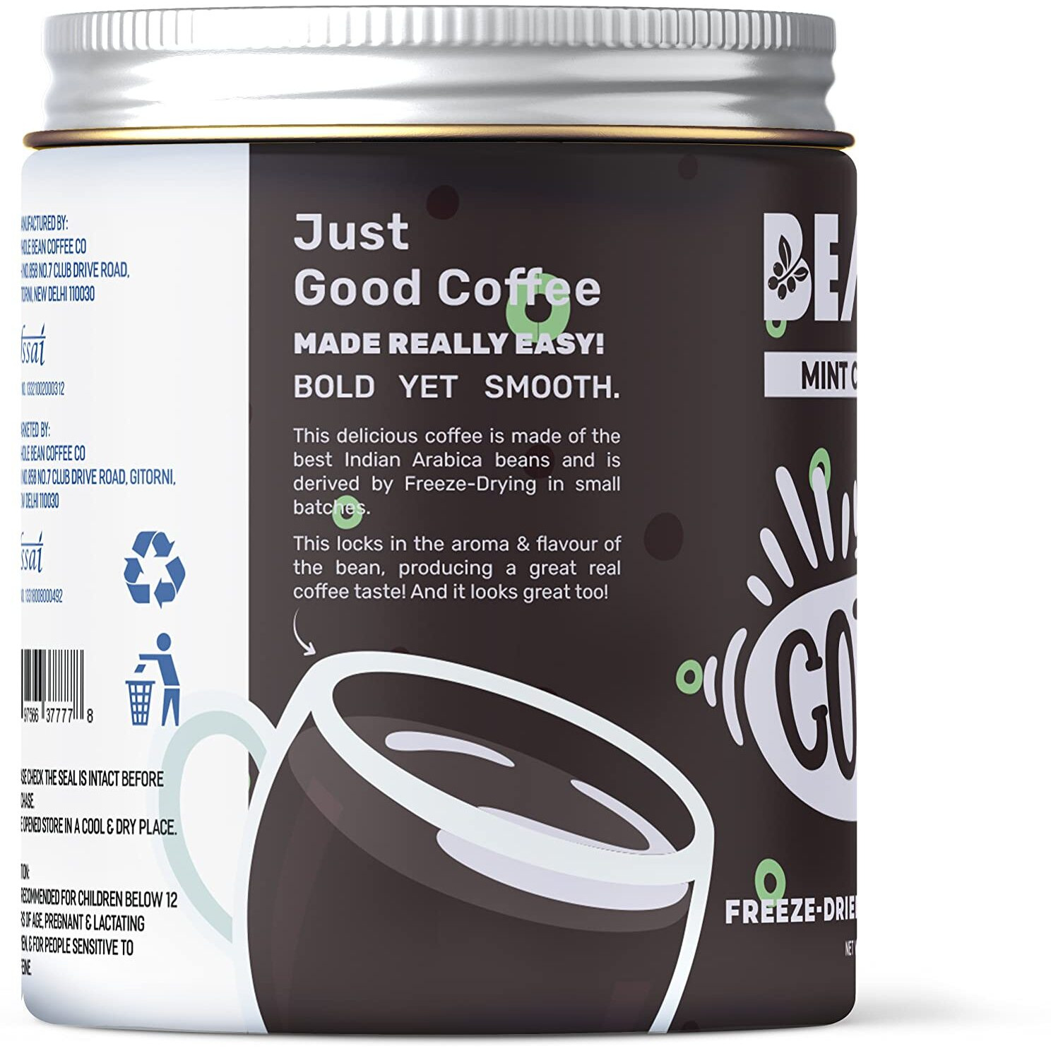 Beanly Instant Coffee Powder (Mint Chocolate Flavour) - 50 Gm, Freeze Dried Arabica Coffee, Hot & Cold Coffee, Dark Roast Strong Coffee, Espresso, Latte, Cappuccino, Glass Bottle