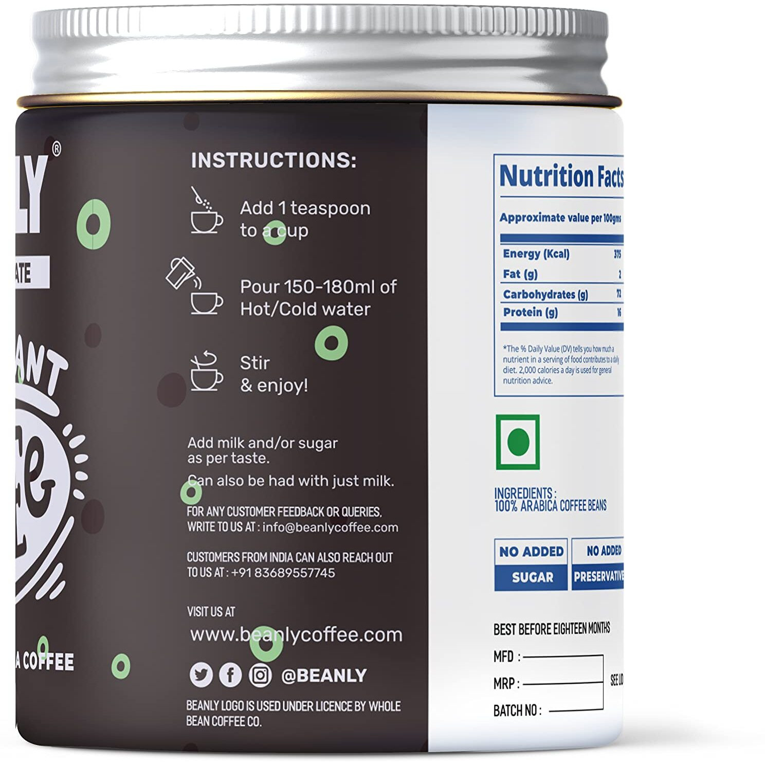 Beanly Instant Coffee Powder (Mint Chocolate Flavour) - 50 Gm, Freeze Dried Arabica Coffee, Hot & Cold Coffee, Dark Roast Strong Coffee, Espresso, Latte, Cappuccino, Glass Bottle