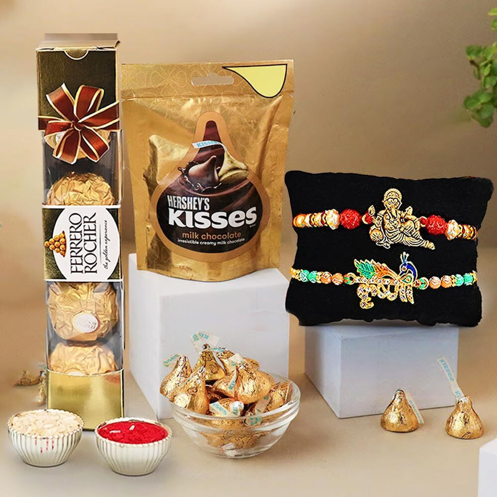 CraftVatika Rakhi Gift for Brother with Chocolate Gift Combo Set - Rakhi Set of 2 Designer Ganesha Krishna Rakhi with Chocolates - Rakhi for Brother Bhaiya Men