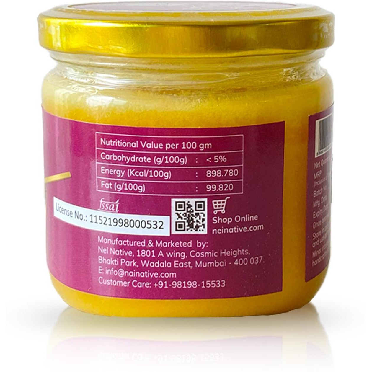 NeiNative A2 Ghee Bilona Method Ghee- A2 Cow Desi Ghee 0.25 Litre Cow- A2 Cow Ghee 250ml Pure Cultured Desi Cow Ghee- Pure Ghee-Glass Bottle Bilona Ghee - Better Digestion and Immunity - Everyday Ghee