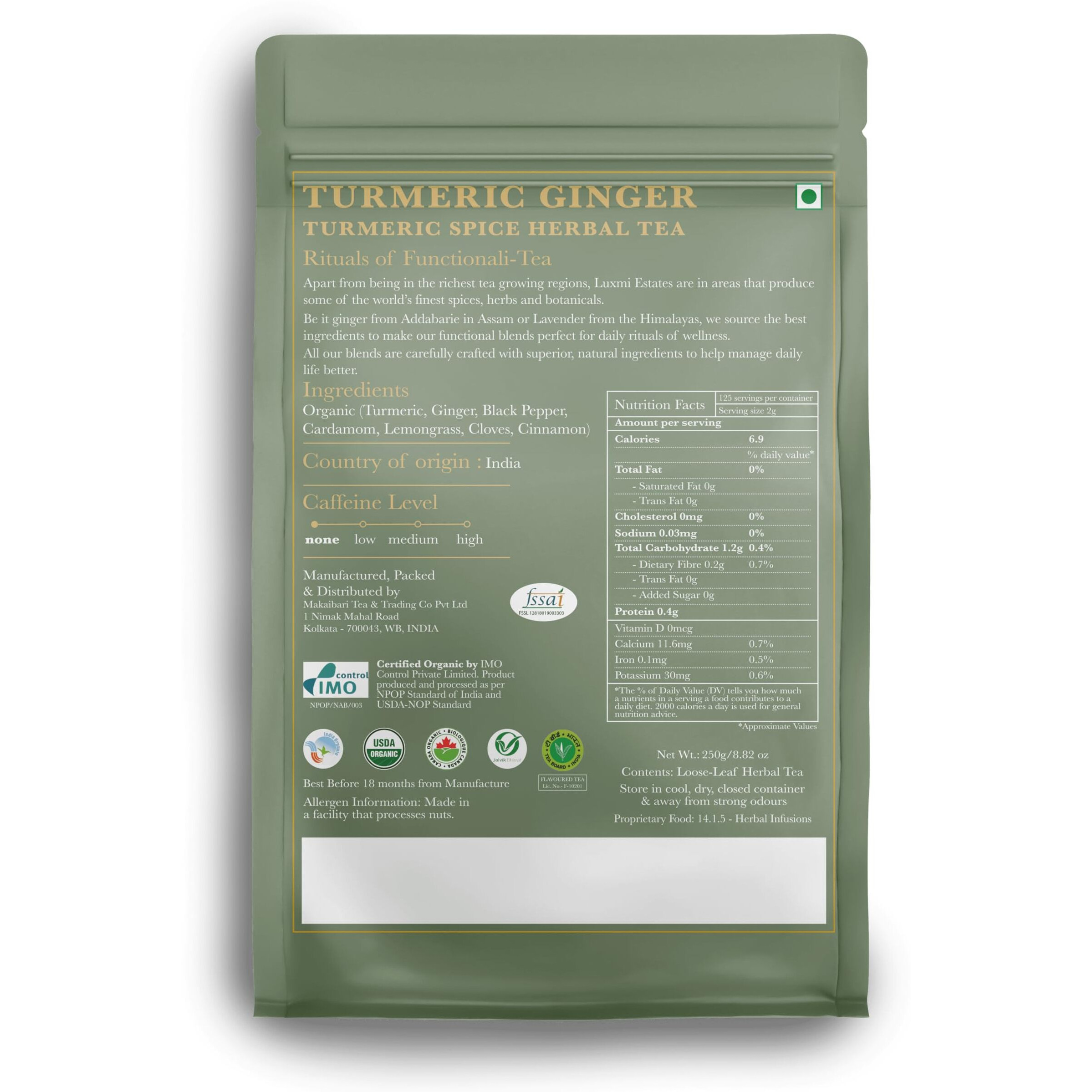 LUXMI Estates Turmeric Time-Out Herbal Loose Tea - 250 Gram Pack | Usda Organic Certified | Caffeine Free | Anti - Inflammatory | Immunity Boosting