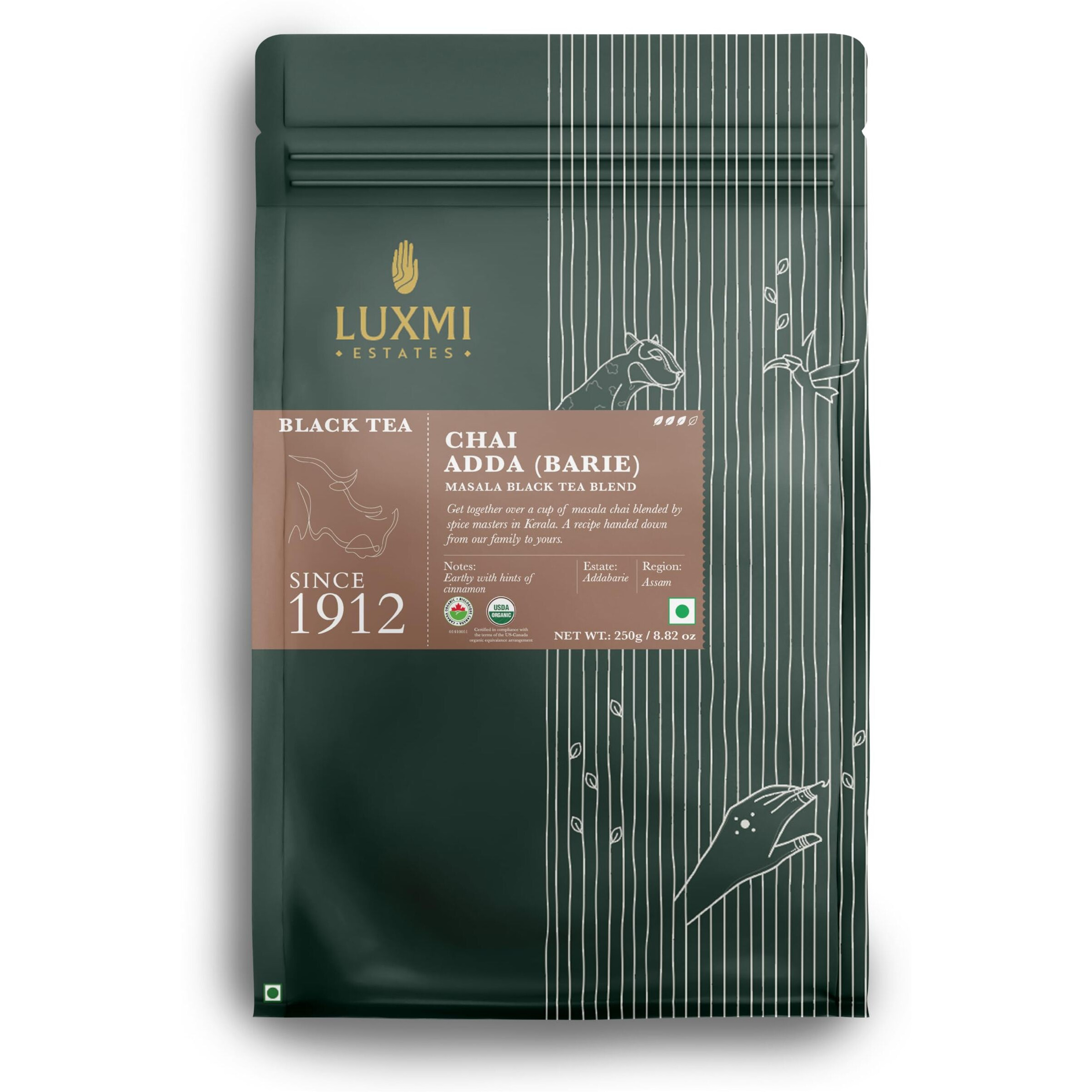 LUXMI Estates Spiced Assam Ctc Tea, Masala Chai Blend | Chai Adda-Barie 250Gm Pack | Usda Certified Organic Black Tea | Enriched With Cinnamon And Cardamom | Loose Leaves