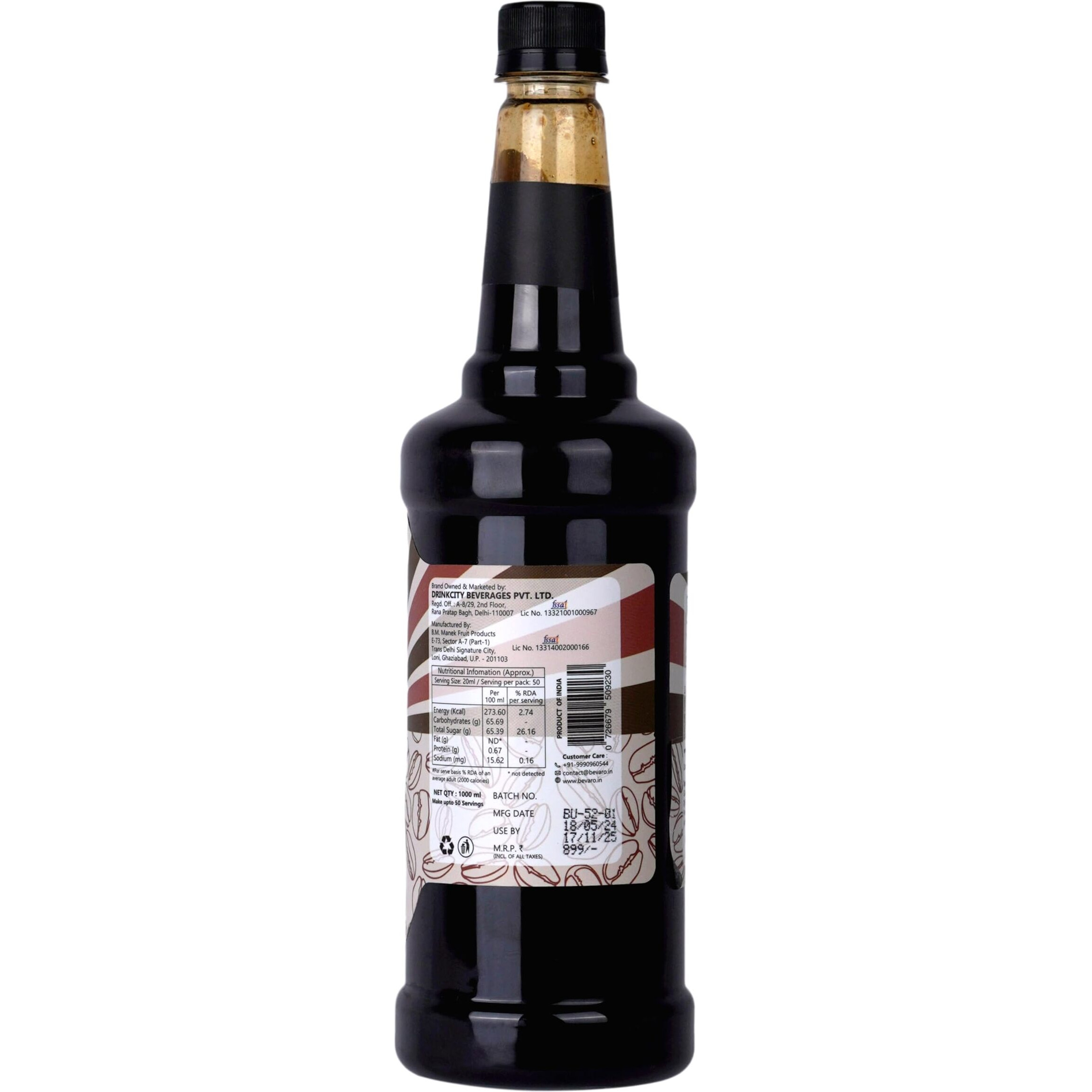 Bevaro Cold Coffee Classic Syrup|Rich Coffee Concentrate Syrup| Suitable For Cold Coffee,Ice Cream, Dessert and other Beverages 1000 ml