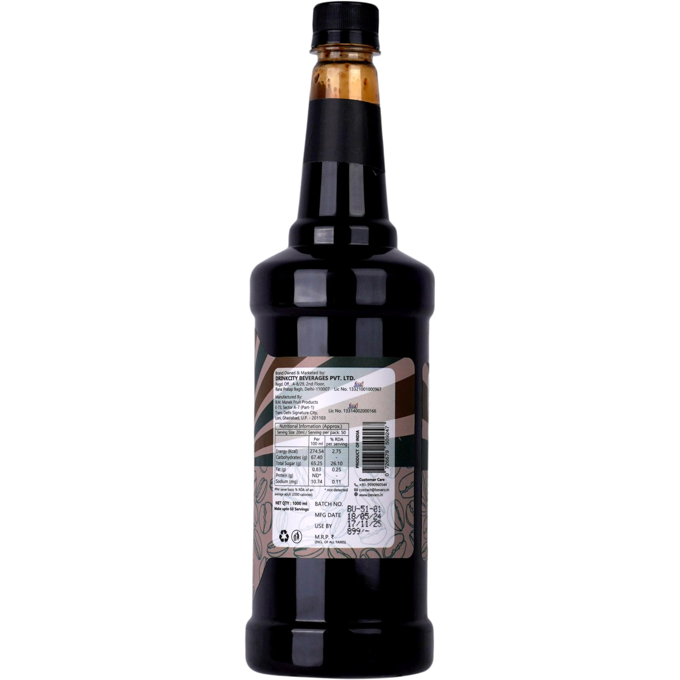 Bevaro Cold Coffee Mocha Syrup| Chocolate Coffee Concentrate Syrup |Suitable For Cold Coffee, Ice Cream, Dessert and other Beverages 1000 ml