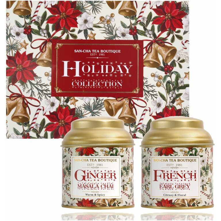 SAN-CHA Tea Boutique, Holiday Collection, Tea Gift Box, French Earl Grey Tea & Ginger Green Tea, 50 Gram Each Loose Leaf Tea, Tea Gifting