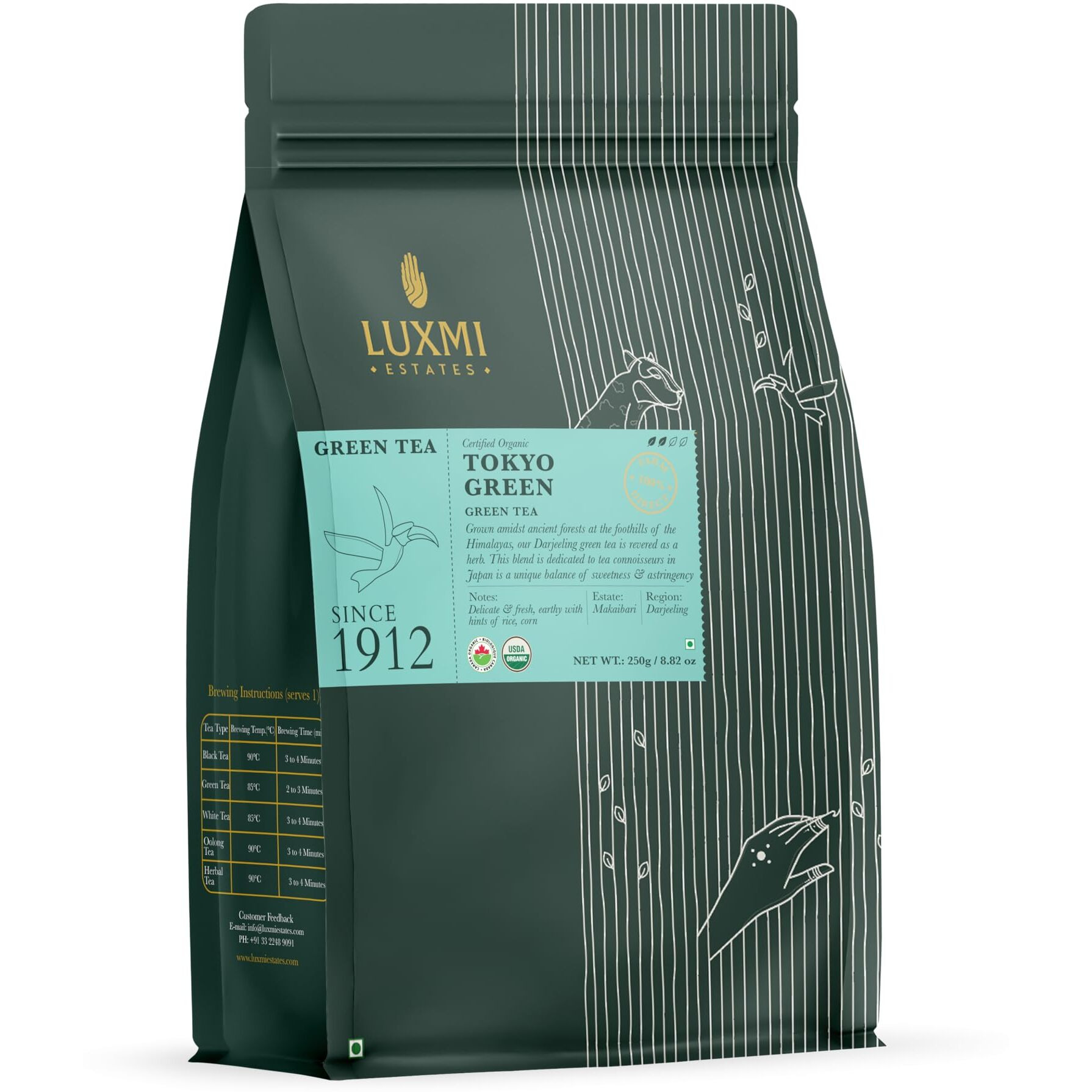 Luxmi Estates Tokyo Green Blend, Darjeeling Whole Leaf Green Tea from our Makaibari Tea Estate, 250gm Pack | Organic Green Tea | Natural | Herbal | Immunity Booster| Detox | 125 Cups