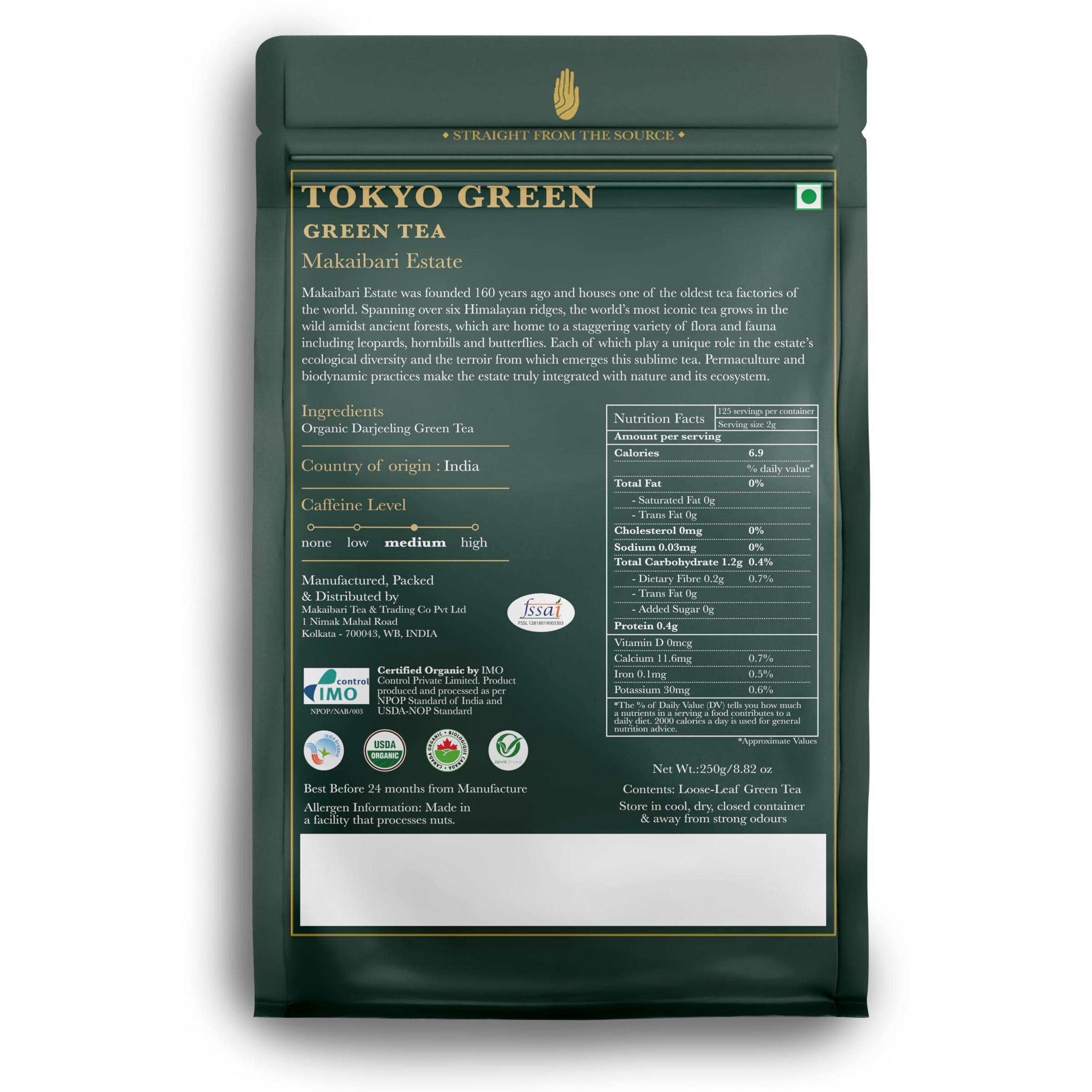 Luxmi Estates Tokyo Green Blend, Darjeeling Whole Leaf Green Tea from our Makaibari Tea Estate, 250gm Pack | Organic Green Tea | Natural | Herbal | Immunity Booster| Detox | 125 Cups