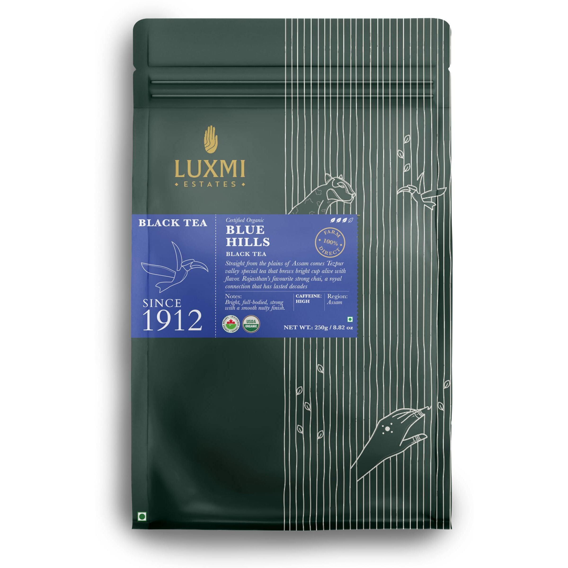 LUXMI Estates Blue Hills Black Tea Blend 250Gm Pack | Organic Black Ctc Tea | 125 Cups | Jodhpur Blend | Best For Milk Tea, Ctc Blended Tea With Leaf | 100% Natural Teas