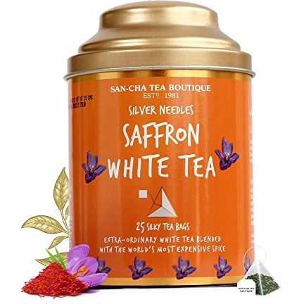 Sancha Tea Boutique, Saffron White Tea, Silver Needle Tea, 25 Pyramid Tea Bags, Blended with Worlds Rarest Spice- Saffron from Kashmir, Silver Needles White Tea, Kesar Chai, Real Kesar Tea