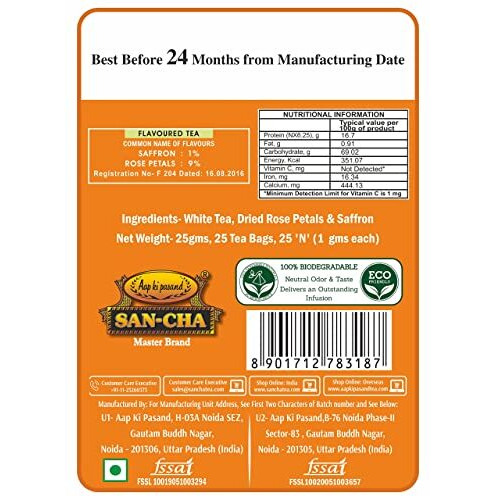 Sancha Tea Boutique, Saffron White Tea, Silver Needle Tea, 25 Pyramid Tea Bags, Blended with Worlds Rarest Spice- Saffron from Kashmir, Silver Needles White Tea, Kesar Chai, Real Kesar Tea