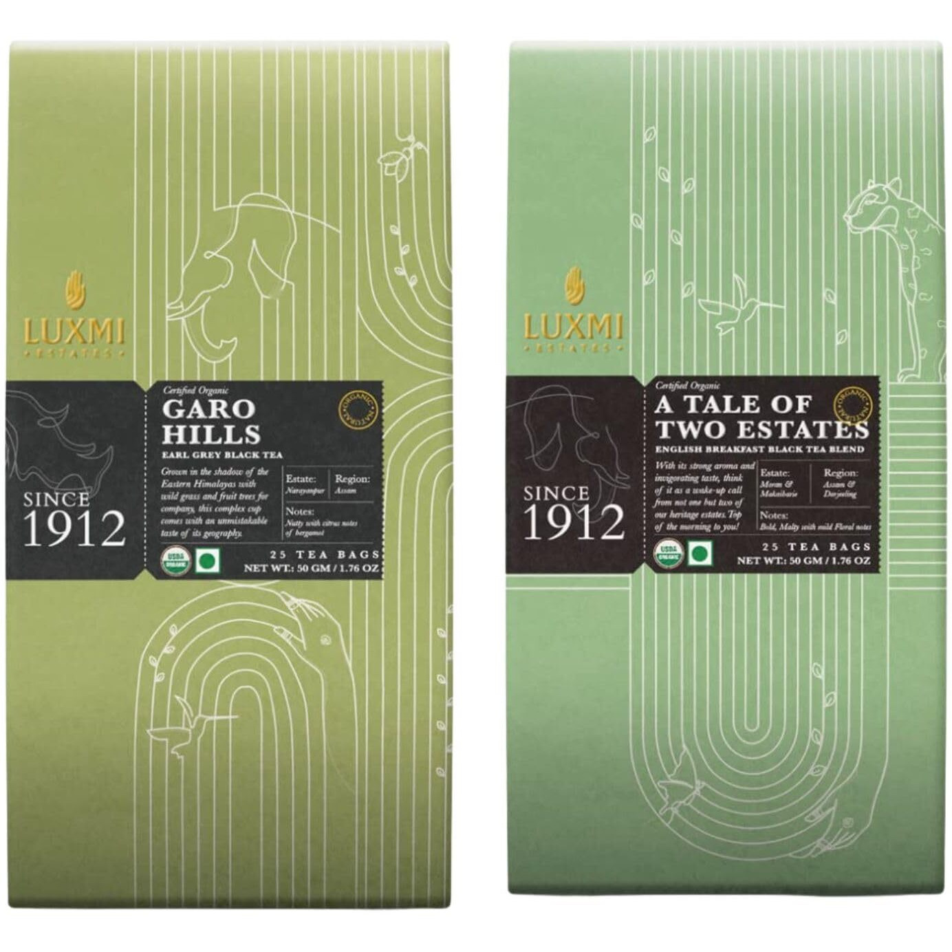 LUXMI Estates Garo Hills Earl Grey & A Tale Of Two Estates English Breakfast Tea - 25 Tea Bags Each | Usda Organic - Earl Grey Tea Bags | Darjeeling & Assam Tea Blend, 50 Gram