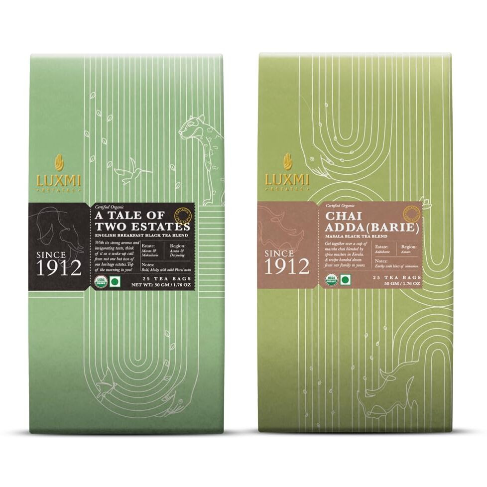 LUXMI Estates - Black Tea Energy Variety Tea Pack (2 Pack) - With Masala Chai & English Breakfast | Caffeinated Assam Black Tea | Smooth, Flavourful, Robust | 50 Organic Black Tea Bags - 0.1 Kg