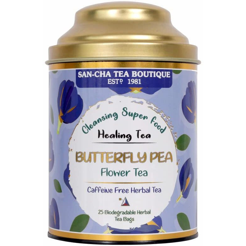 SAN-CHA Sancha Tea Boutique, Butterfly Pea Flower Tea, Cleansing Superfood, Stress Relief Tea, Lavender & Mint Tea Blend, 25 Pyramid Tea Bags, 260 Grams