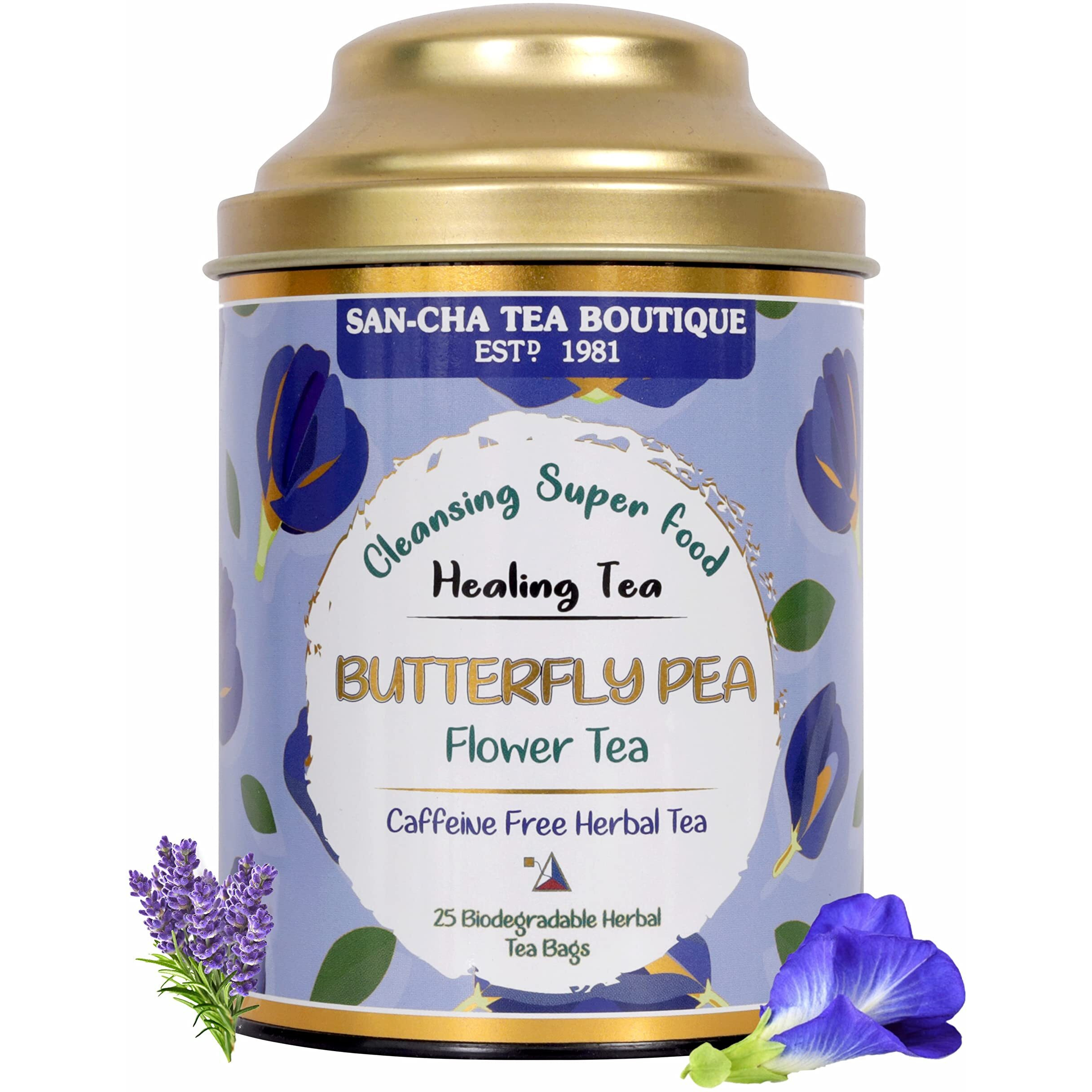 SAN-CHA Sancha Tea Boutique, Butterfly Pea Flower Tea, Cleansing Superfood, Stress Relief Tea, Lavender & Mint Tea Blend, 25 Pyramid Tea Bags, 260 Grams