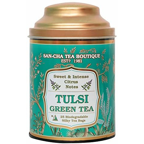 SAN-CHA Tea Boutique Tulsi Green Tea Bags (Pack Of 25), Pyramid Tea Bags, Sweet Citrus Aroma, Natural Detox Tea, Low Bitterness, Zero Calories & Improves Metabolism, 240 Gram