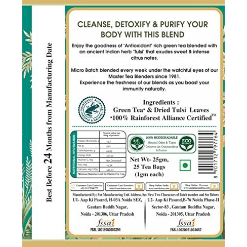 SAN-CHA Tea Boutique Tulsi Green Tea Bags (Pack Of 25), Pyramid Tea Bags, Sweet Citrus Aroma, Natural Detox Tea, Low Bitterness, Zero Calories & Improves Metabolism, 240 Gram