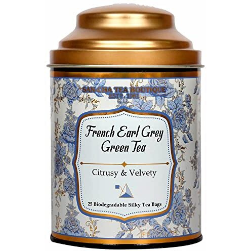 SAN-CHA Tea Boutique, French Earl Grey Green Tea, 25 Pyramid Tea Bags, Vanilla & Bergamot Tea Blend, Low Bitterness, Zero Calorie Tea, 240 Gm