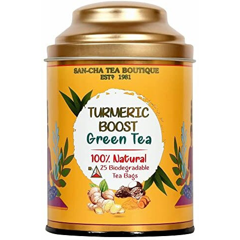 SAN-CHA Tea Boutique, Turmeric Tea, 25 Pyramid Tea Bags, Green Tea Blended With Curcumin Rich Turmeric, Caffeine Free Herbal Tea, Natural Detox Tea - 240 Gm