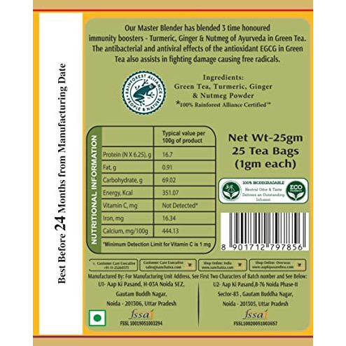 SAN-CHA Tea Boutique, Turmeric Tea, 25 Pyramid Tea Bags, Green Tea Blended With Curcumin Rich Turmeric, Caffeine Free Herbal Tea, Natural Detox Tea - 240 Gm