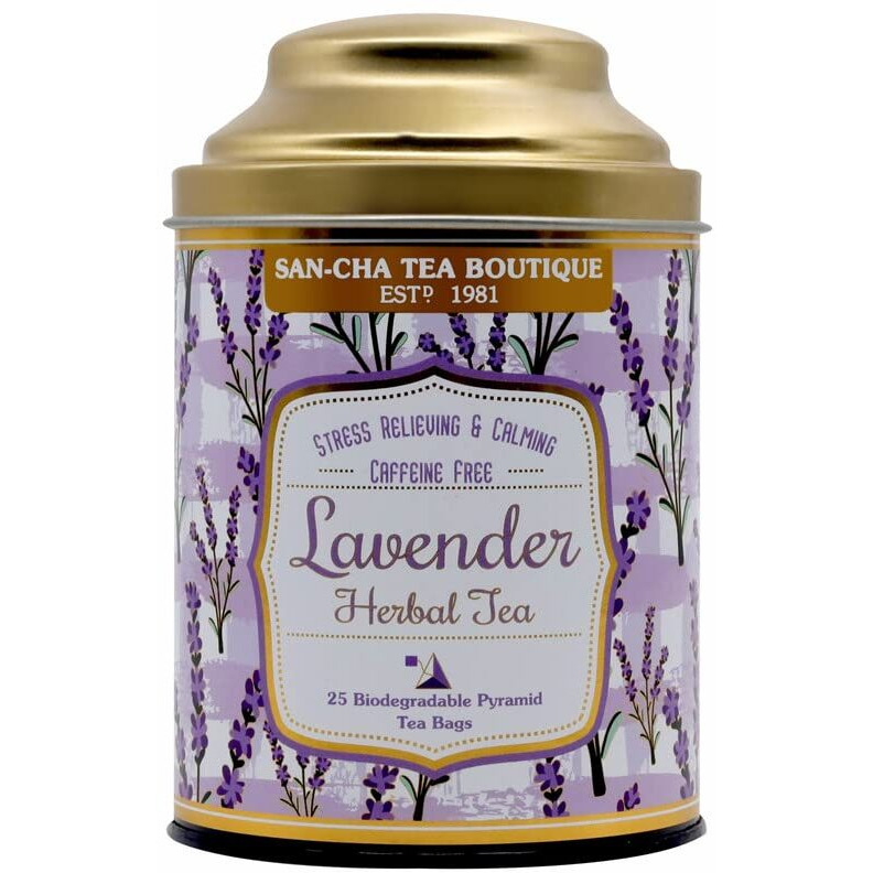 SAN-CHA Tea Boutique, Lavender Herbal Tea, Sun Dried Lavender Flowers, Stress Relief Tea, Good Sleep Tea, Caffeine Free Herbal Tea Bags, 25 Pyramid Tea Bags, 140 Gram