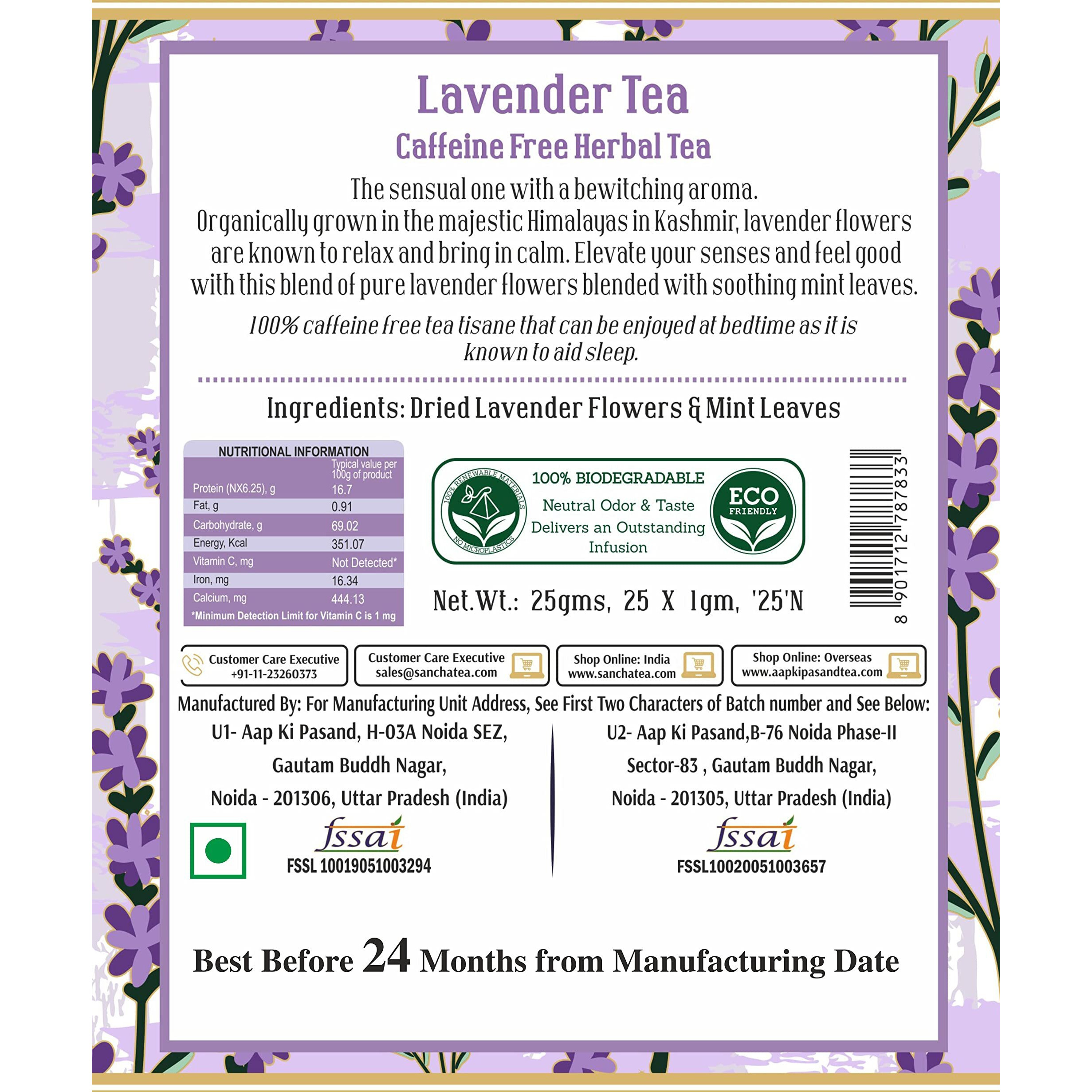 SAN-CHA Tea Boutique, Lavender Herbal Tea, Sun Dried Lavender Flowers, Stress Relief Tea, Good Sleep Tea, Caffeine Free Herbal Tea Bags, 25 Pyramid Tea Bags, 140 Gram