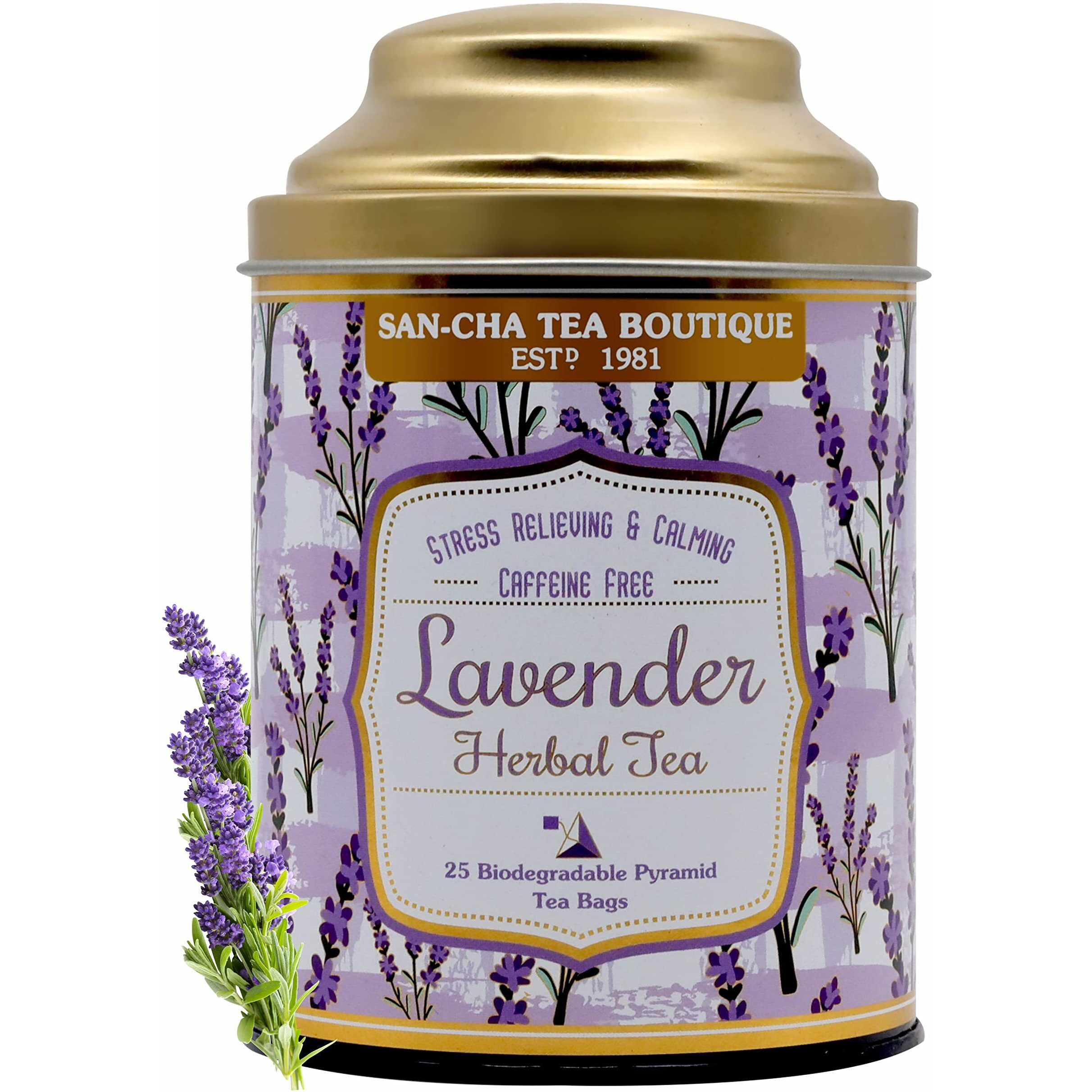 SAN-CHA Tea Boutique, Lavender Herbal Tea, Sun Dried Lavender Flowers, Stress Relief Tea, Good Sleep Tea, Caffeine Free Herbal Tea Bags, 25 Pyramid Tea Bags, 140 Gram