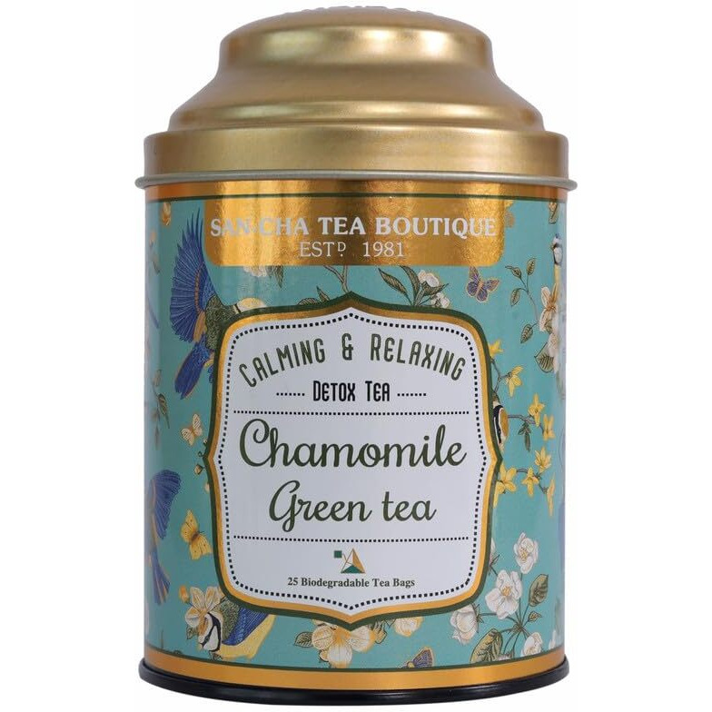 SAN-CHA Tea Boutique, Chamomile Green Tea Bags, Tea For Stress Relief & Good Sleep, Pure Chamomile Flowers & Green Tea, 25 Pyramid Tea Bags, 170 Gram