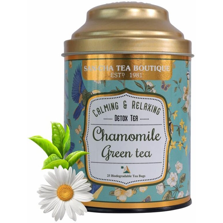 SAN-CHA Tea Boutique, Chamomile Green Tea Bags, Tea For Stress Relief & Good Sleep, Pure Chamomile Flowers & Green Tea, 25 Pyramid Tea Bags, 170 Gram