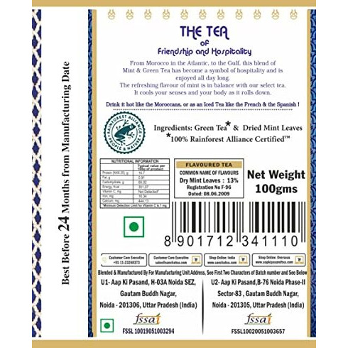 SAN-CHA Tea Boutique Moroccan Mint Green Tea Bags, High Immunity Green Tea (Pack Of 25), Mint Tea Bags, Real Spearmint Tea, 100% Rainforest Alliance Certified Green Tea, Herbal Tea, 150 Gram