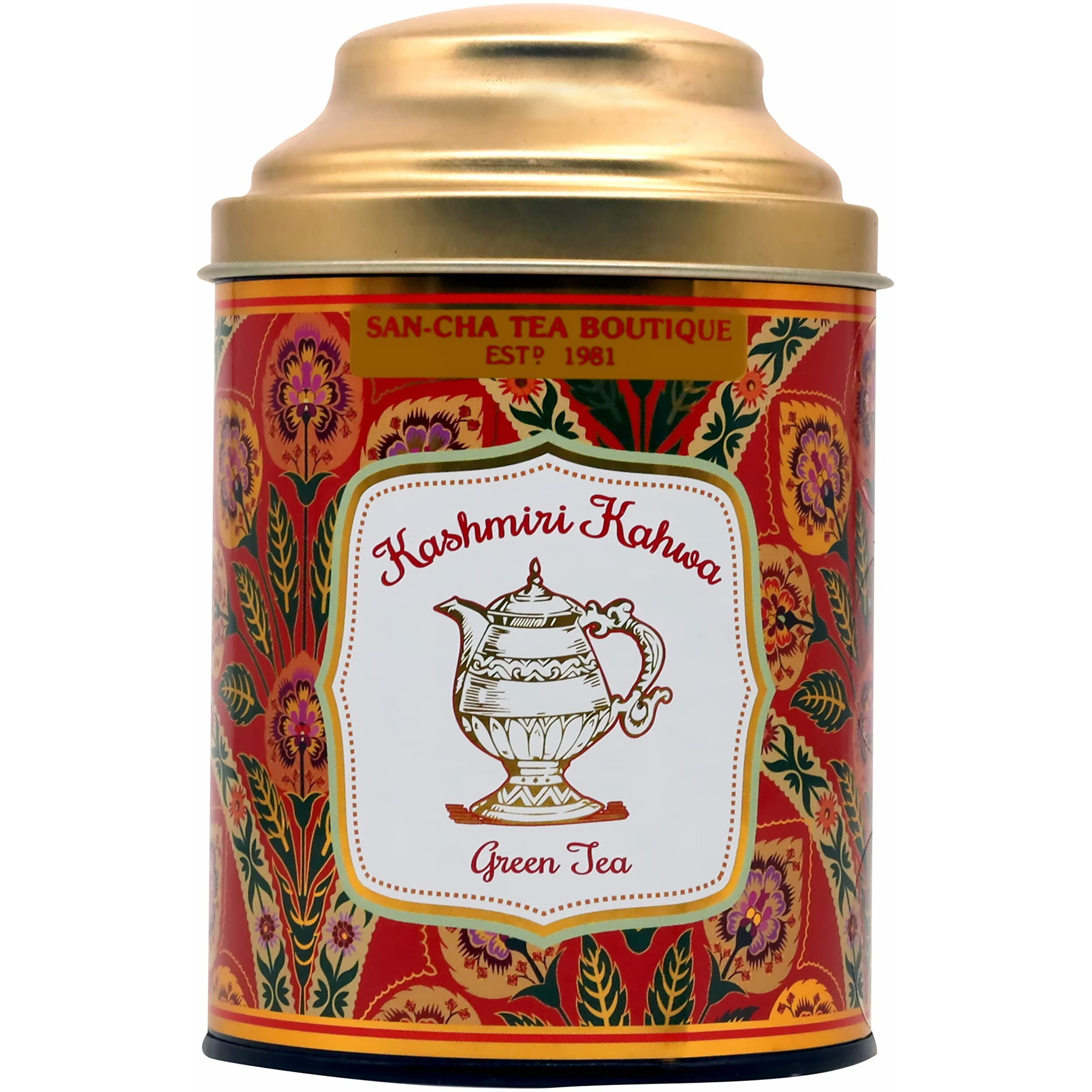 SAN-CHA Tea Boutique Kashmiri Kahwah Tea(75+Cups) 100% Rainforest Alliance Certified Real Spices, Desi Kahwa, Detox Loose Leaves Green Tea, 1 Grams, Pack Of 1
