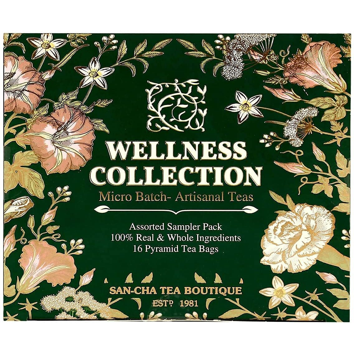 SAN-CHA Tea Boutique Wellness Collection Sampler Box, Tea Sampler Pack, Tea Assortment Of 16 Premium Tea Bags, Immunity Tea Range, Pyramid Tea Bags, Tea Variety Pack, 25.5 Grams, Pack Of 1, Green Tea