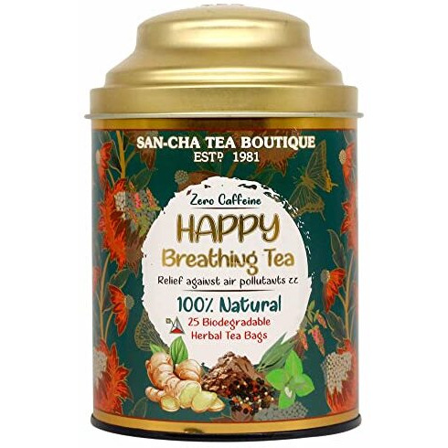 SAN-CHA Sancha Tea Boutique Happy Breathing Herbal Tea Bags, 100% Caffeine Free (Pack Of 25) Biodegradable Pyramid Tea Bags, Natural Nasal Decongestant, Detox & High Immunity Tea, 220 Grams
